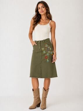 Jones Wear Jeans 4 Olive Embroidered Midi Skirt Raw Hem Paisley Floral Boho